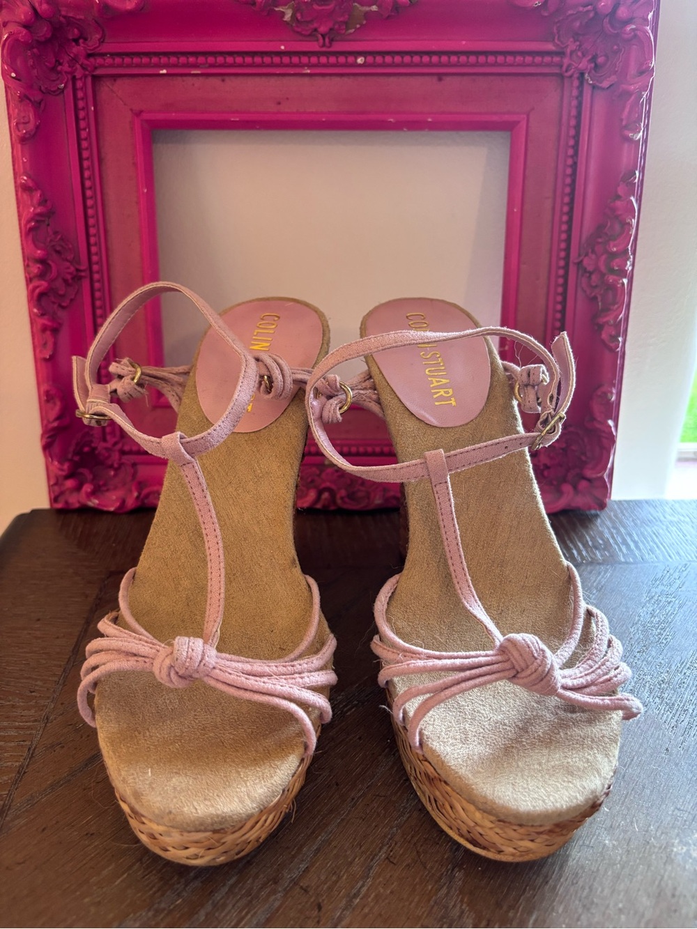 Colin Stuart Pink Knotted Suede Wedge Sandals